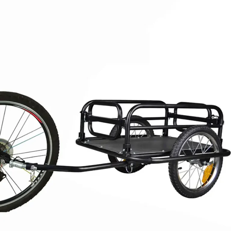 01 black foldable bicycle trailer with folding side rails hitched to a bike