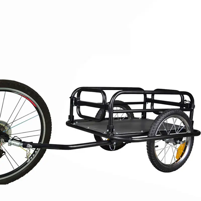01 black foldable bicycle trailer with folding side rails hitched to a bike