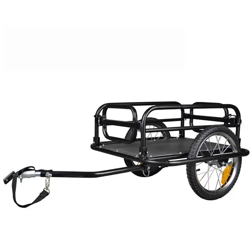 02 black foldable bicycle trailer with tow arm and safety strap attached