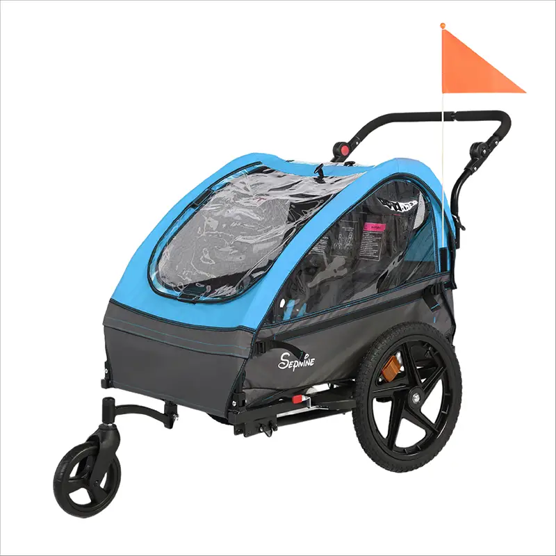 02 light blue bicycle trailer pram with rain cover and adjustable push handle