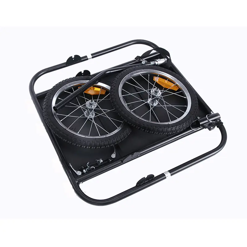 03 foldable bicycle trailer collapsed flat with both wheels laid inside the frame