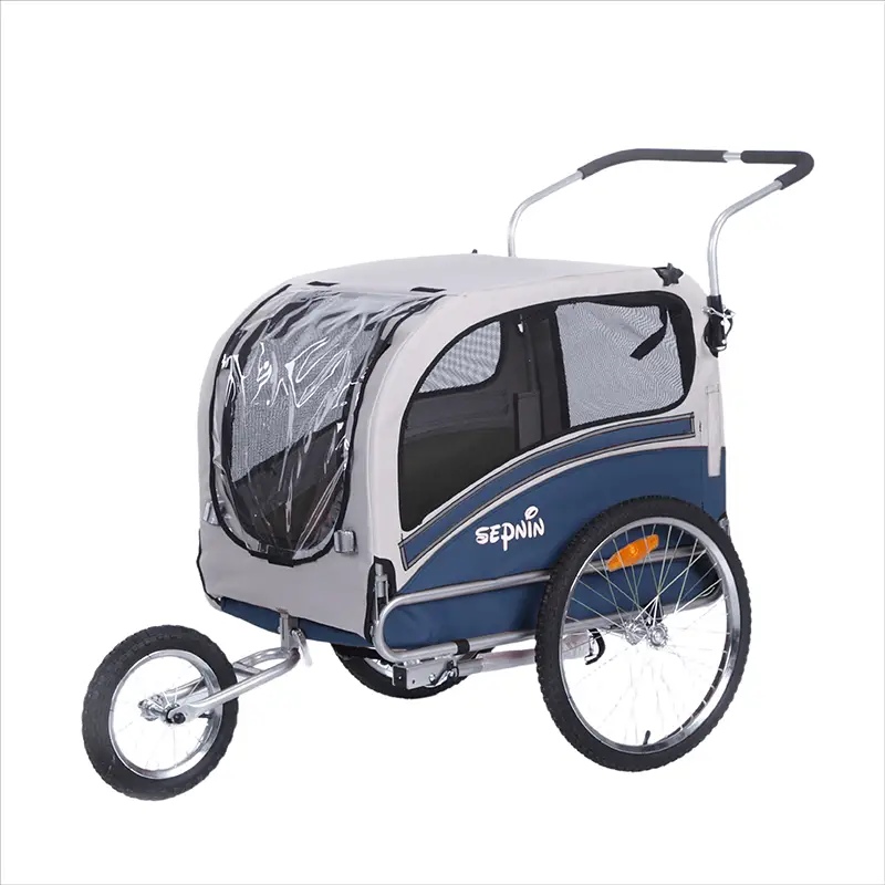 05 navy bike trailer for pets with clear rain cover and swivel front wheel